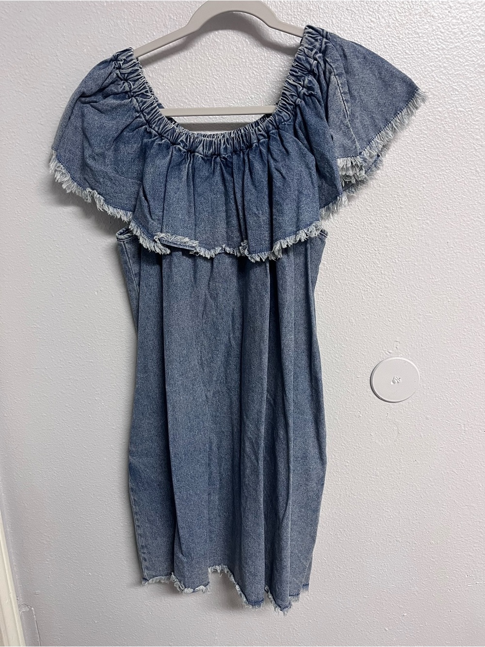 Off-Shoulder Denim Dress with Frayed Trim - Light Blue
